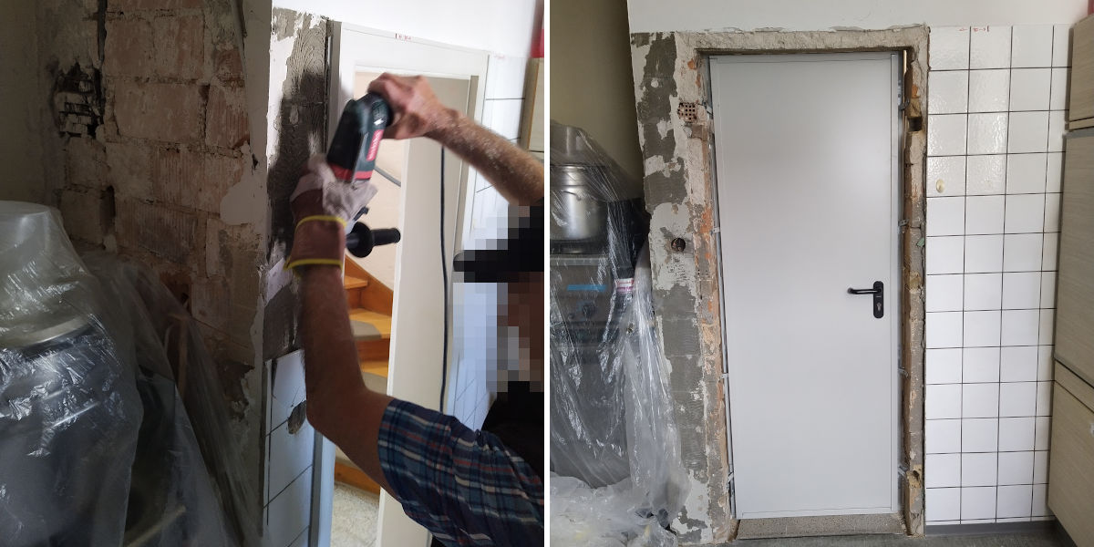 Zwei Bilder zeigen eine neue Feuerschutztür in der Küche