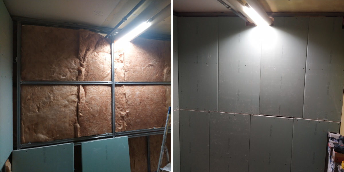 Vorher und nacher Vergleich einer offenen und mit Platten versehenen Toilettenwand