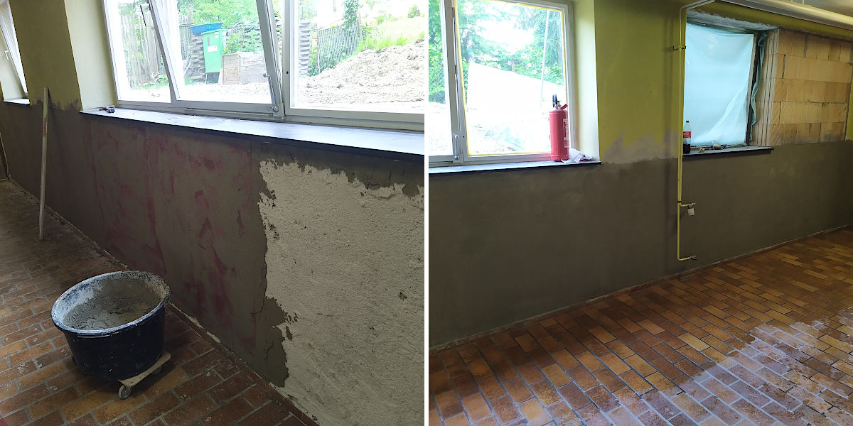 Vorher und nachher Vergleich einer unverputzen und verputzen Wand