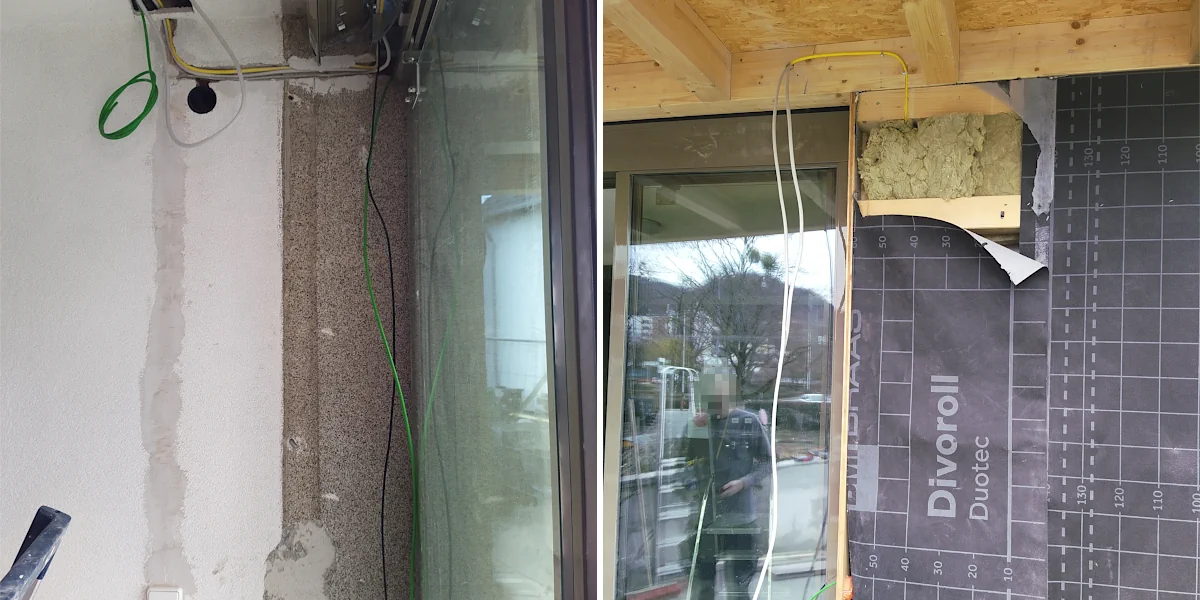 Zwei Arbeiter schrauben Akustikplatten an die Decke