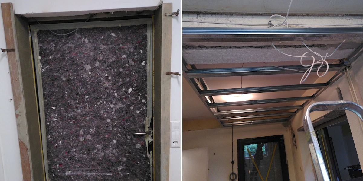 Zwei Bilder: Verputzen der Tür und Profile an der Decke