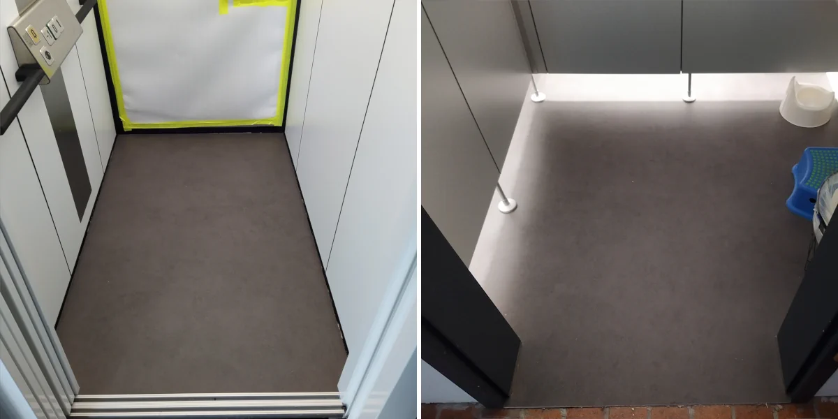 Neuer Bodenbelag in Aufzug und WC